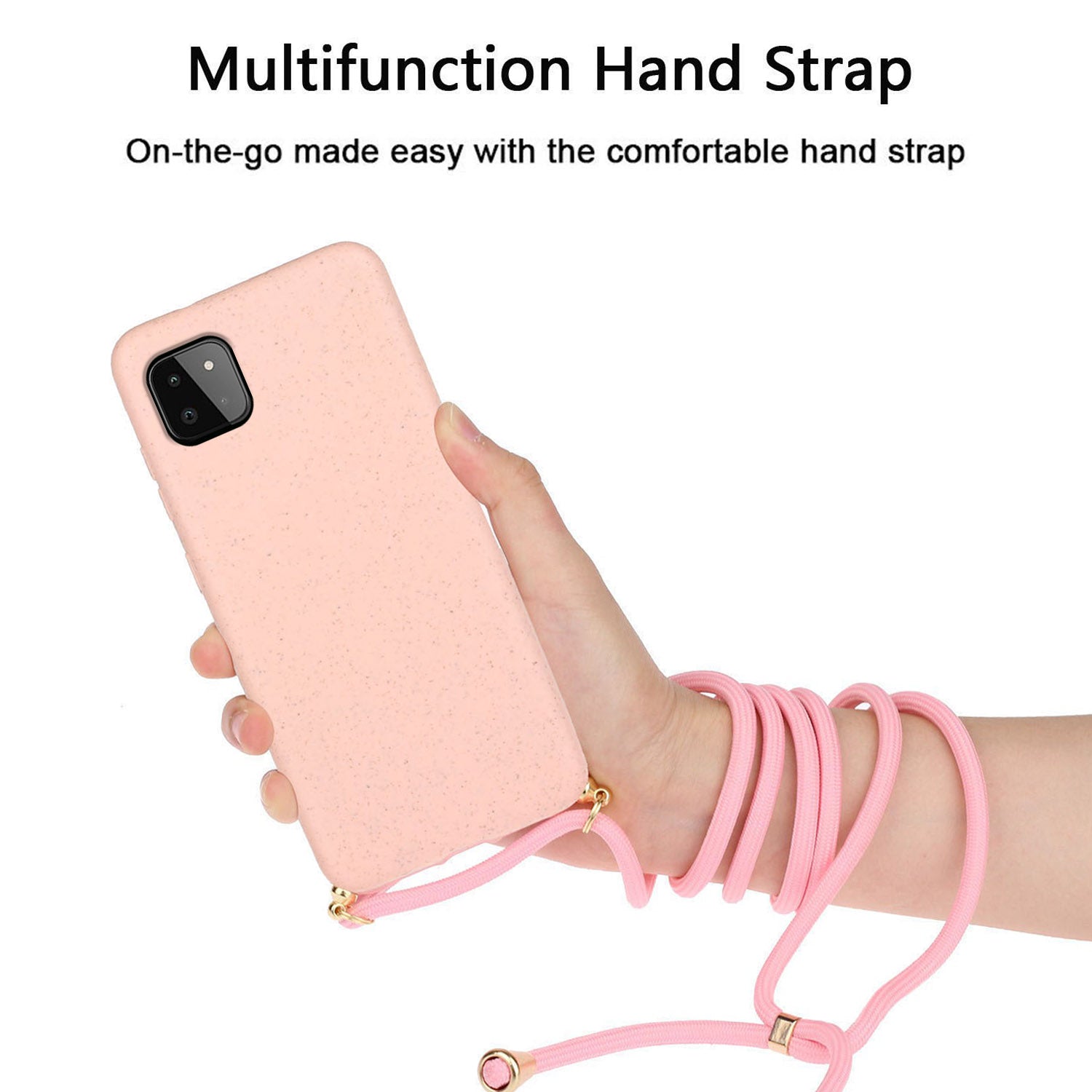 Uniqkart for Samsung Galaxy A22 5G (EU Version) Biodegradable Wheat Straw+TPU Case Phone Cover with Lanyard - Pink Uniqkart for Samsung Galaxy A22 5G (EU Version) Biodegradable Wheat Straw+TPU Case Phone Cover with Lanyard - Pink